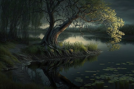 Fantasy Landscape with Tree and Pond. Digital Illustration.の写真素材