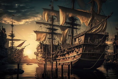 Pirate ship in the harbor at sunset. Vintage style toned pictureの写真素材