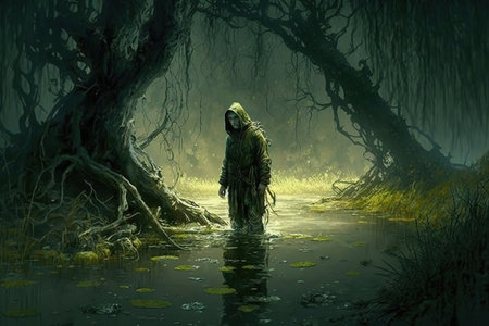 Fantasy scene with a man in a dark forest. 3D renderingの写真素材