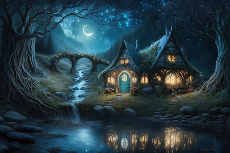 Fairy tale scene with wooden house in the forest at night.の写真素材