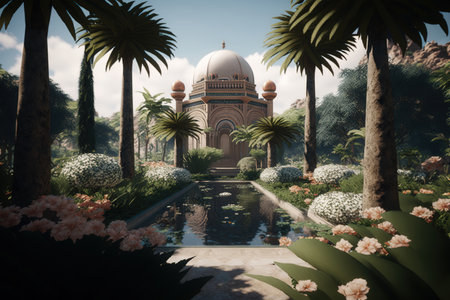 3d rendering of a mosque in a botanical garden with flowersの写真素材