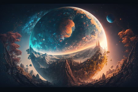 Fantasy landscape with planet and trees in the space. 3D rendering