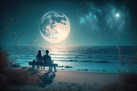 Couple sitting on bench and looking at night sky with full moonの写真素材
