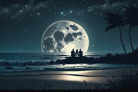 Silhouette of family on the beach at night with full moonの写真素材
