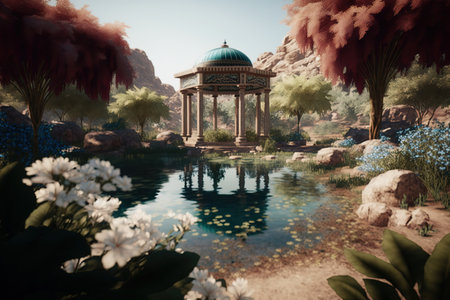 Gazebo in the middle of a pond surrounded by flowersの写真素材