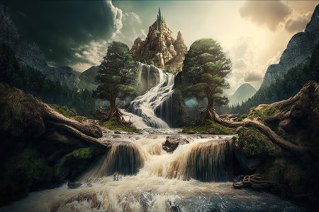 Fantasy landscape with waterfall in mountains. 3D Rendering.の写真素材