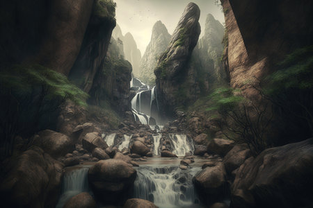 Fantasy landscape with waterfall in deep forest. 3D Rendering