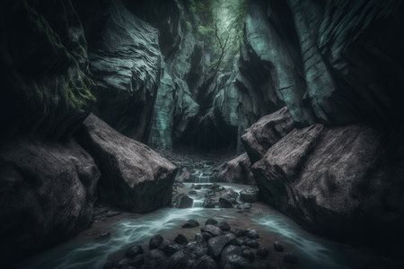 Beautiful dark cave in the mountains with a stream flowing through itの写真素材
