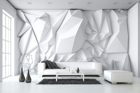 Interior of modern living room with white walls, concrete floor, white sofa standing near white coffee table and vases. 3d renderingの写真素材