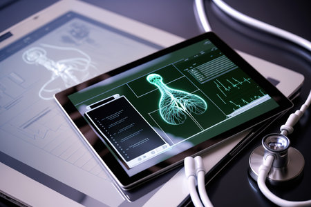 Tablet pc and doctor tools on black background. 3D rendering.の写真素材