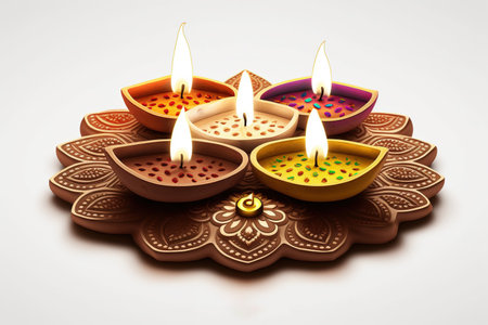 Happy Diwali - Clay Diya lamps lit on colorful rangoliの写真素材
