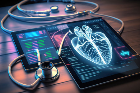 Digital composite of Heart with stethoscope and tablet on wooden table