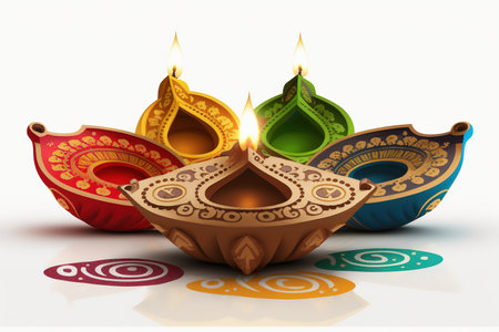 Indian festival Diwali, Diya oil lamps lit on colorful rangoli.の写真素材