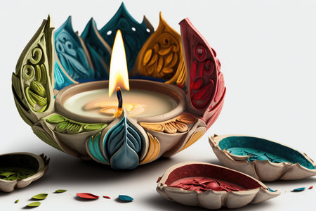 Happy Diwali - Clay Diya lamps lit during Diwali celebrationの写真素材