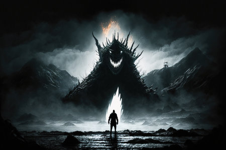 Silhouette of a man standing in the middle of the sea and looking at the dragon