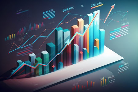 3d illustration of graph over blue background with charts. Business conceptの写真素材