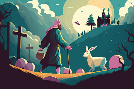 Halloween night background with holy man and rabbit. Vector illustration.の写真素材