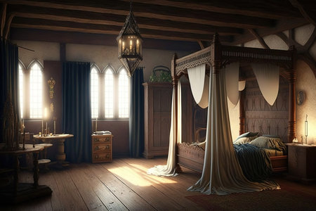 3D rendering of a medieval bedroom with a wooden floor and a golden windowの写真素材