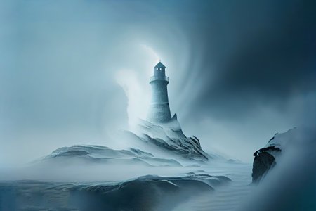 Lighthouse on the rocks in the sea at night. 3d renderingの写真素材