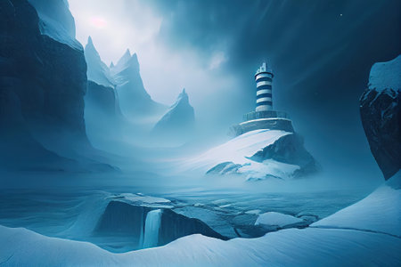 Fantasy landscape with a lighthouse in the snow. 3D renderingの写真素材