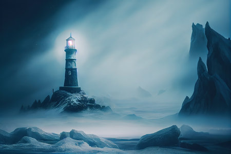 Lighthouse on the rocks in the mist. 3D illustration.の写真素材