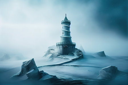 Landscape with a lighthouse on the ice in the sea. Fantasy.の写真素材