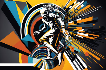 Vector illustration of a girl dancing on a background of geometric shapes.