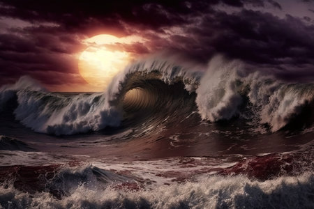 Ocean wave breaking on the beach at sunset. 3D Rendering