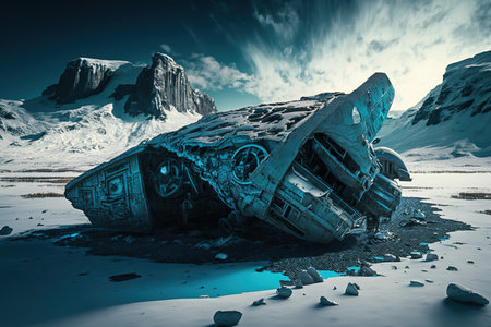 Fantasy alien planet. Mountain and ship. 3D illustration.の写真素材