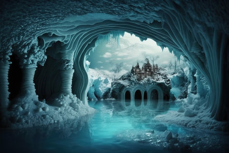 Fantasy landscape with ice cave and blue water. 3d renderingの写真素材