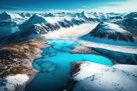 Fantastic panoramic view of snow-capped mountains and blue lakeの写真素材