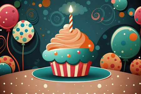 Illustration of a birthday cupcake with a candle in the middle