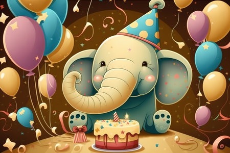 Cute elephant with birthday cake and balloons in the background. Vector illustration.の写真素材