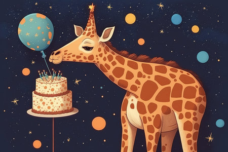 Cute giraffe with birthday cake and balloon. Vector illustration.の写真素材