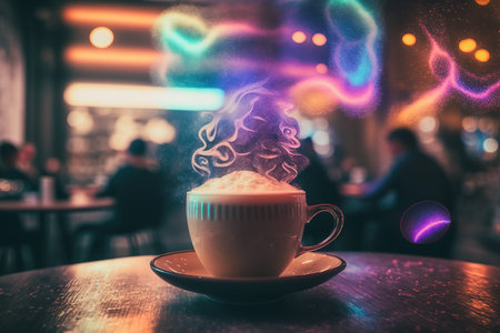 Coffee cup with steam on table in coffee shop - vintage filterの写真素材