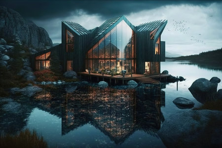 3D rendering of a modern house in the middle of a lakeの写真素材