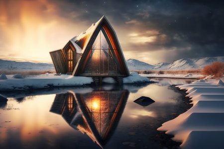 3d rendering of a wooden house in the middle of a frozen lakeの写真素材