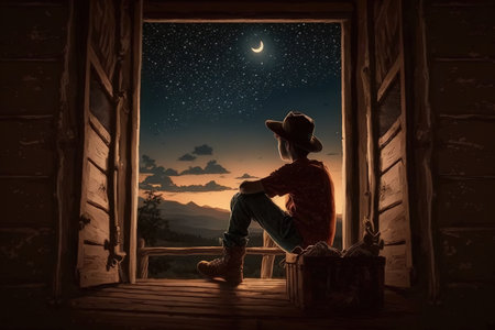 A girl in a hat sits on a window sill and looks at the moonlit night.の写真素材