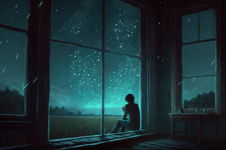 Young woman sitting on windowsill and looking at night sky with starsの写真素材