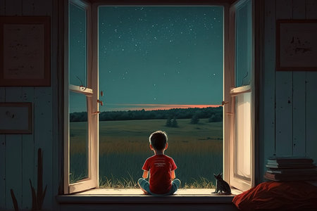 Little boy sitting on the window and watching the night starry skyの写真素材