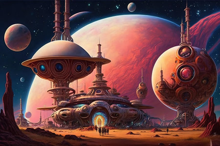 Fantasy alien planet with flying saucers and planets - illustration for children