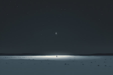 man standing in the moonlight on the frozen lake with starry skyの写真素材