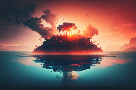 Tropical island with palm trees at sunset. Collage.の写真素材