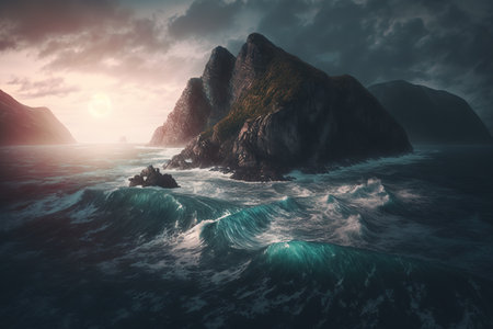Beautiful seascape at sunset. 3d rendering toned imageの写真素材