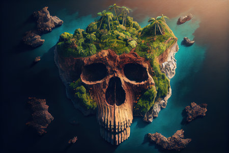 Skull on a island in the ocean. 3d illustration.の写真素材