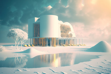 3d rendering of modern house in the desert with palm trees.の写真素材