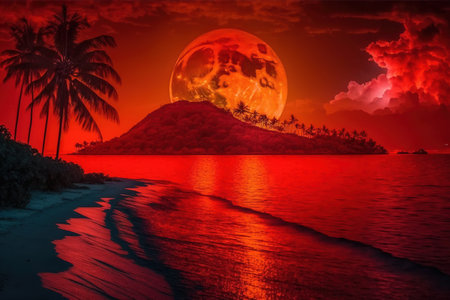 Fiery red full moon over tropical island with palm trees at sunsetの写真素材