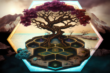 Fantasy landscape with a tree in the shape of a hexagon