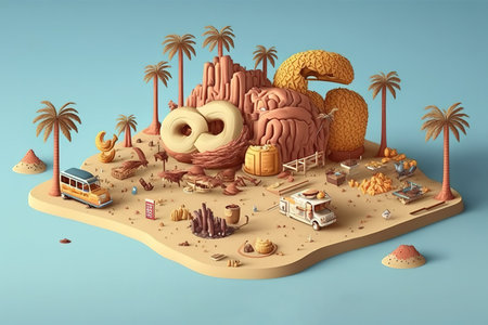 3D illustration of an island with sand, palm trees and a school busの写真素材