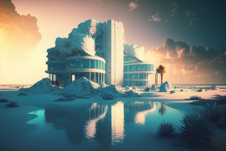 3d render of modern office building on the beach at sunset.の写真素材